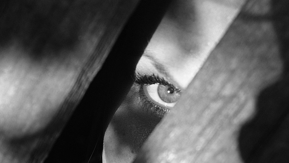 woman looking through wooden beams